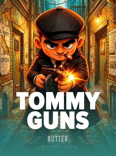 A stylized cartoon gangster wearing a flat cap aims a Tommy gun that's actively firing in a narrow, vintage alleyway lined with weathered posters and brick walls. The bold text "TOMMY GUNS" dominates the lower portion, with "BUTTER" credited below, directly tying the retro mobster aesthetic to the post's announcement of the game's release on Stake and Roobet.