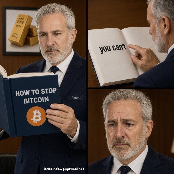 A comic-style meme showing a man named Peter reading a book titled 'HOW TO STOP BITCOIN' with the Bitcoin logo, pointing at text saying 'you can't', while gold bars labeled 'FINE GOLD 999.9' sit on a desk behind him. He appears emotional in the bottom panel.
