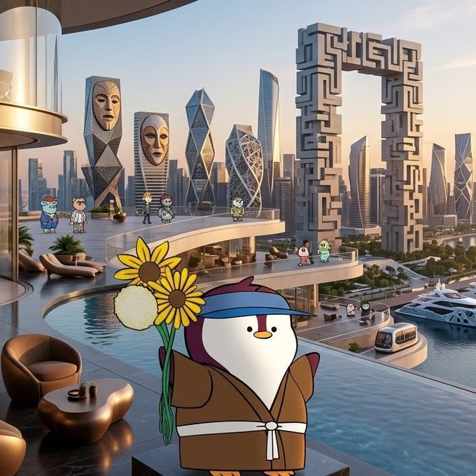 A penguin character wearing a bathrobe and sun visor holds sunflowers in the foreground, with a futuristic city skyline and various NFT characters visible on a terrace behind it.