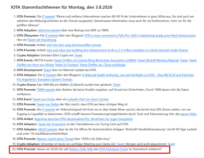 The image is a screenshot of an agenda list titled "IOTA Stammtischsthemen für Montag, den 3.8.2026" featuring 20 numbered discussion topics, with the 20th item highlighted in a red box stating that Stefano Della Valle will explain the IOTA Distribute Oracle at 20:30. The accompanying post announces the IOTA Stammtisch meeting starting at 20:15 on the RebasedDACH Discord, directly referencing the highlighted item about the IOTA Distribute Oracle presentation.