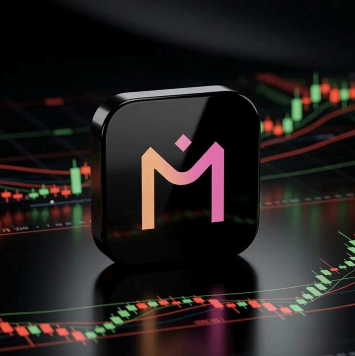 The image features a black square app icon with a red outline design, situated against an abstract pattern of stock market lines. This suggests that the image may be related to a business or financial service associated with MF Markets, potentially offering trading services for cryptocurrencies such as Bitcoin.