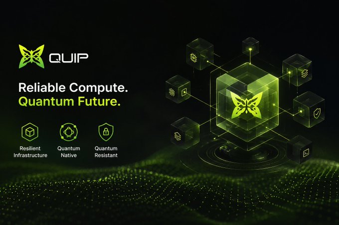 A promotional banner for 'QUIP' with the text 'Reliable Compute. Quantum Future.' featuring a green butterfly logo, cubes with tech icons, and labels for 'Resilient Infrastructure', 'Quantum Native', and 'Quantum Resistant'.