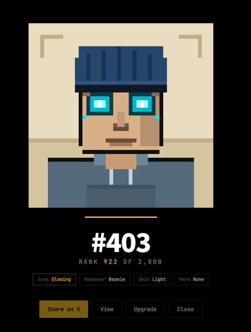 A pixel art NFT profile labeled '#403' showing a character with a beanie and glowing cyan eyes, ranked 922 of 2,800.