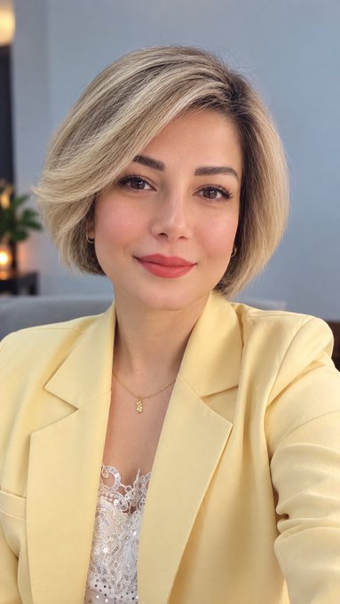A woman with a short blonde bob poses for a selfie in a pale yellow blazer over a white lace top, wearing delicate gold jewelry.