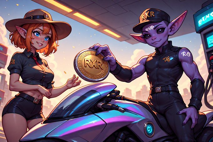 A digital artwork depicting two anthropomorphic characters in uniform attire at a gas station, with the purple-skinned character holding a gold 'RXR' coin while standing next to a futuristic motorcycle, set against a sunset sky.
