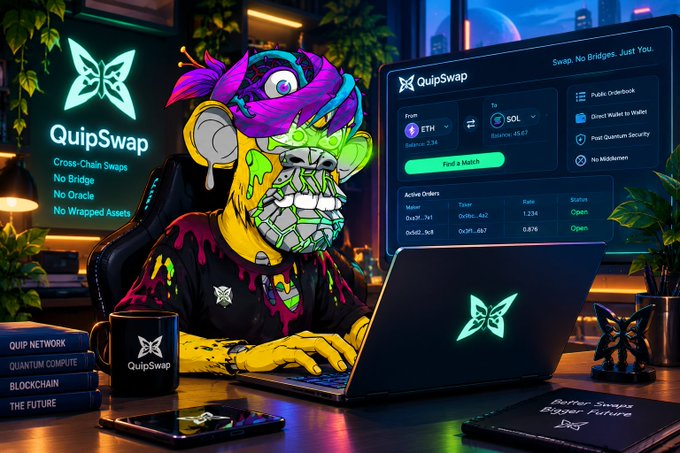 A vibrant illustration of a yellow and purple ape-like character wearing VR goggles while using a laptop displaying the QuipSwap cryptocurrency exchange interface, with 'Cross-Chain Swaps, No Bridge, No Oracle, No Wrapped Assets' text on the left.
