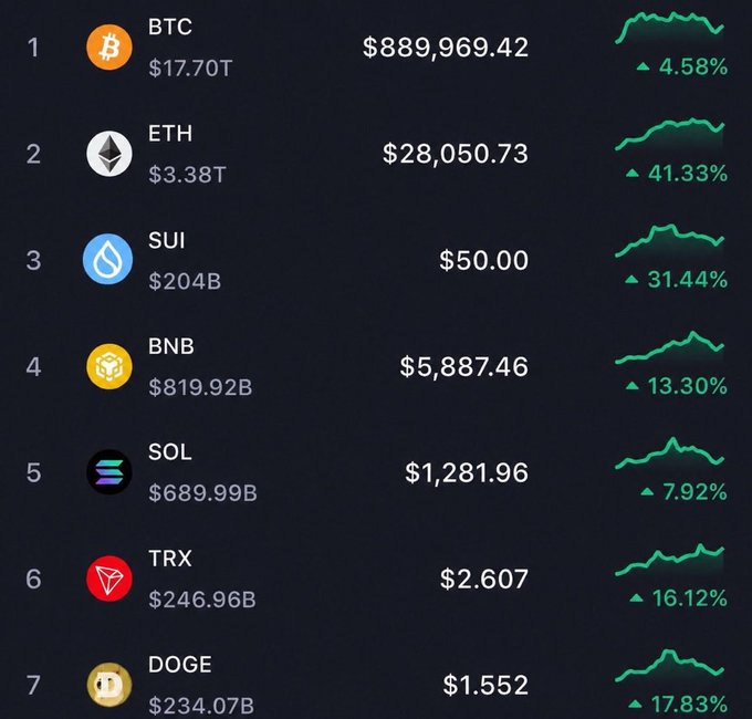 A cryptocurrency market dashboard displays the top assets including BTC ($889,969.42), ETH ($28,050.73), SUI ($50.00), BNB ($5,887.46), SOL ($1,281.96), TRX ($2.607), and DOGE ($1.552) with their market caps and green percentage gains.