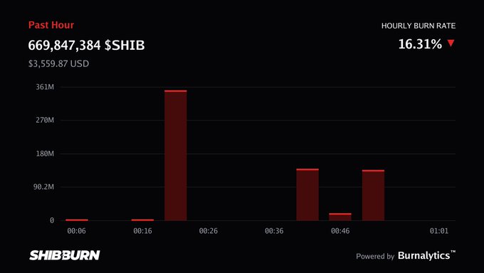 A Shiba Inu burn rate dashboard from ShibBurn powered by Burnalytics, displaying 'Past Hour' burns of 669,847,384 $SHIB ($3,559.87 USD) and an 'HOURLY BURN RATE' of 16.31%.
