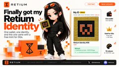 A social media post from RETIUM advertising "Finally got my Retium Identity," showing a chibi character, pixel art, and a stack of orange boxes.