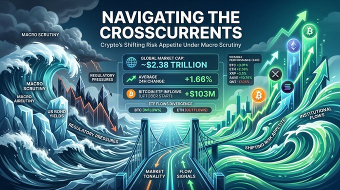 An infographic titled 'NAVIGATING THE CROSSCURRENTS' about crypto's shifting risk appetite under macro scrutiny, displaying global market cap (~$2.38 trillion), average 24h change (+1.66%), and Bitcoin ETF inflows of +$103M, alongside data on BTC, ETH, SOL, XRP, and BNB performance.