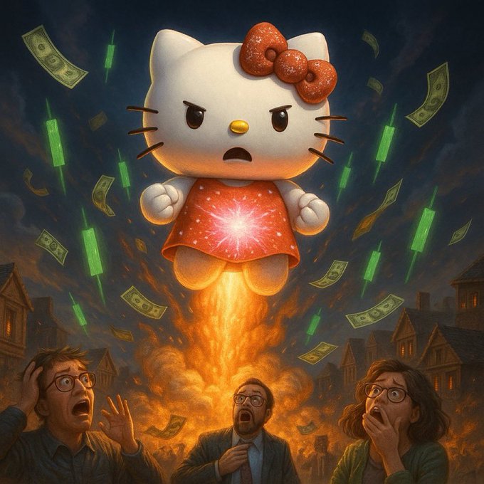 A dramatic digital illustration of Hello Kitty appearing as a giant rocket-powered figure above terrified onlookers, with green stock candles and dollar bills raining down.
