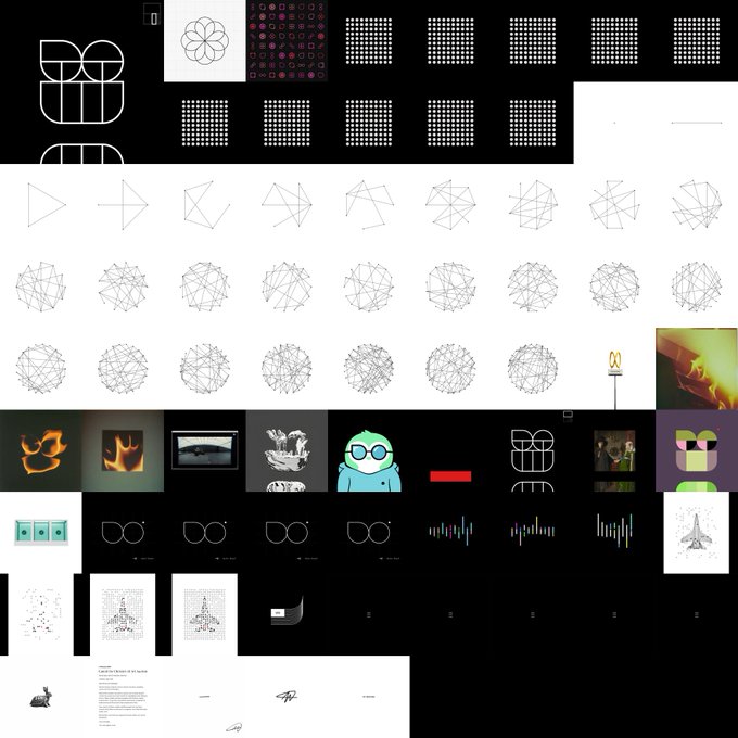 A collage of various digital design elements, sketches, and graphics including geometric line constructions, flame icons, character illustrations, audio waveforms, and McDonald's-branded images on mixed black, white, and colored backgrounds.
