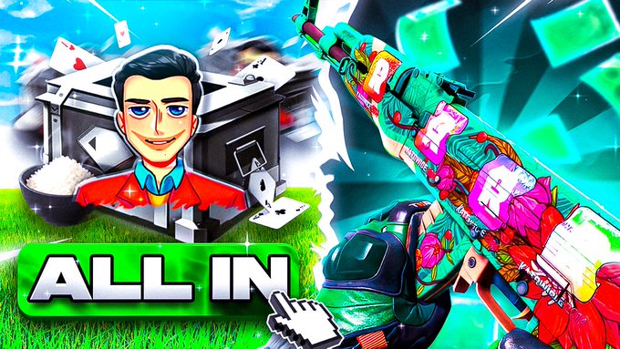 A vibrant video game advertisement featuring a cartoon man, a colorful weapon with 'ALL IN' prominently displayed in green text.