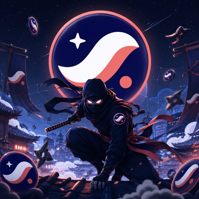 The image features a character dressed as a ninja, holding a sword and surrounded by various stars and circles. The background of the image includes a large circle with a star at its center, which appears to be glowing brightly against the dark sky. The character is positioned in front of this illuminated circle, creating an atmosphere of mystery and intrigue. The post that accompanies the image reads: "Full shinobi mode on Starknet soon. Stay tuned." This suggests that there might be more content related to the ninja character or a new mode for the game being played.