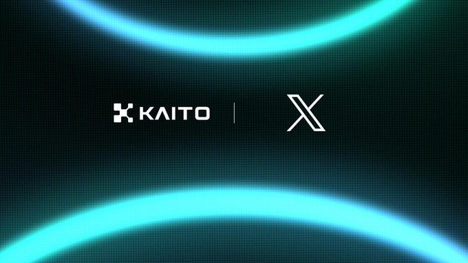The image features a dark, glowing teal and black background with two logos side-by-side: "KAITO" on the left and the "X" (formerly Twitter) logo on the right, separated by a thin vertical line. This visual represents the newly announced official data partnership between Kaito AI and X, suggesting a collaboration to revive the InfoFi 2.0 narrative.
