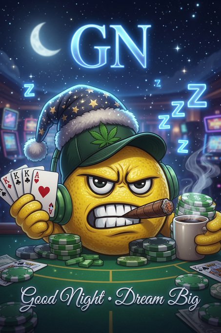 The image displays a cartoon lemon character playing poker with "GN" in neon lights above, conveying a "Good Night, Dream Big" message with the accompanying post. This juxtaposes the image's implied success in gambling with the wish for a good night's sleep.