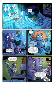 A comic page showing animated animal characters including an elephant, lion, and rabbit, with sound effects 'VOOM VOOM VOOM' and dialogue bubbles.