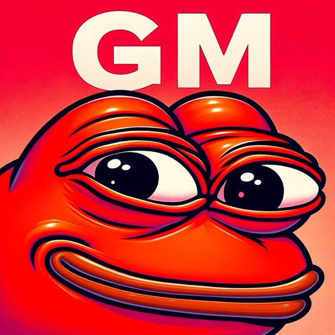 A vibrant red cartoon illustration features a glossy, bulbous character with large expressive eyes and a wide closed-mouth smile, set against a pink-to-red gradient background with the bold white letters "GM" displayed prominently at the top, perfectly complementing the post's "GM GM" morning greeting and the poster's positive, energized Monday vibes.