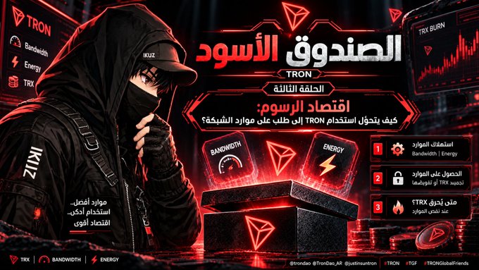 An Arabic promotional graphic for 'TRON' cryptocurrency features a hooded figure and explains the weekly 'TRX Burn' process, listing Bandwidth and Energy usage with logos for TRON, TRX, BANDWIDTH, and ENERGY.