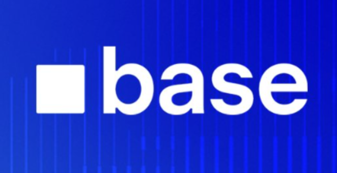 The Base logo shown in white text and square icon against a blue background with vertical light streaks.