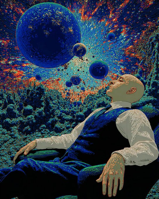 A surreal, psychedelic illustration of a bald man in a vest and white shirt reclining as multiple blue planets and stars swirl above him against a vibrant orange, blue, and red cosmic background.