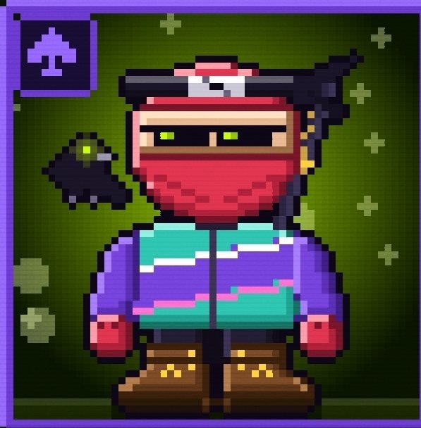 Pixel art illustration of a character wearing a red ninja-style face mask, a green and purple jacket, and brown boots, standing against a green background with small green plus signs, with a purple spade icon in the top left corner.