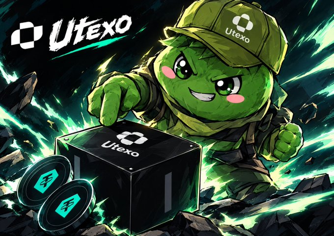 A promotional graphic featuring a green cartoon mascot wearing an 'Utexo' cap, pointing at a glowing black box with the 'Utexo' logo, alongside green energy effects.