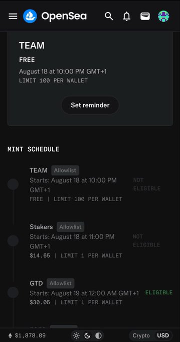 An OpenSea mobile app screenshot showing a 'TEAM' NFT mint listing for August 18 with mint schedule details for TEAM, Stakers, and GTD allowlists.