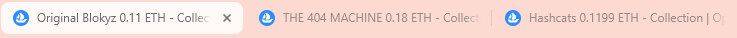 A pixelated screenshot shows NFT collection names with ETH prices: 'Original Blobyz 0.11 ETH', 'THE 404 MACHINE 0.18 ETH', and 'Hashcats 0.1199 ETH'.