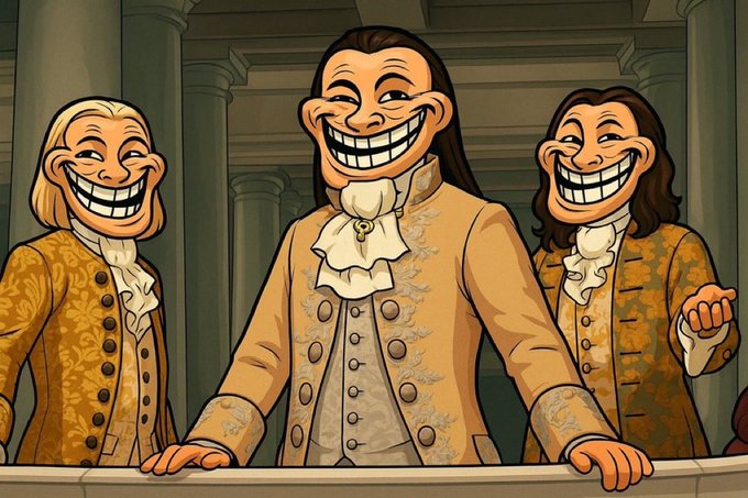 A cartoon illustration depicting three historical figures in 18th-century aristocratic attire with wide, grinning troll faces superimposed on their heads.
