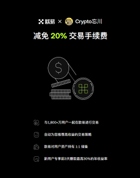 A promotional graphic with Chinese text advertising a 20% reduction in trading fees through a partnership between OKX and Crypto 芯川.