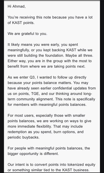 A personal note addressed to 'Ahmad' from the KAST team thanking him for his meaningful points balance and explaining plans to convert points into tokenized equity tied to the KAST business.