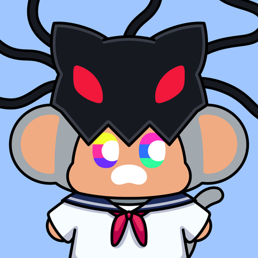 An illustration of a stylized mouse-like character wearing a black cat-themed mask with red eyes and a sailor-style school uniform.