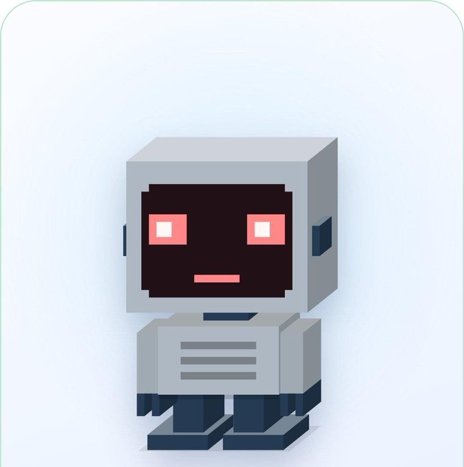 A 3D rendered illustration of a small, blocky robot character with a gray metallic body, dark screen face displaying glowing pink rectangular eyes and a pink mouth, standing against a light blue background.