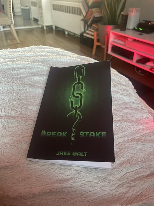 A black book titled 'BREAK THE STAKE' by Jake Galt, featuring a green chain-link snake design, rests on a fluffy white blanket in a living room.