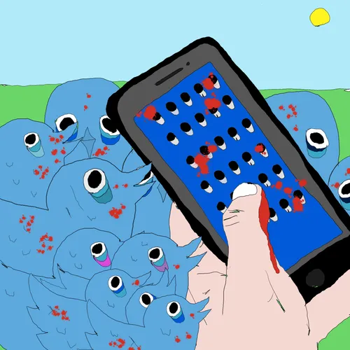 A digital illustration depicts a hand holding a smartphone displaying a "Whack-a-Mole" style game, surrounded by a chaotic crowd of crying, bloodied blue mole-like creatures under a bright sun.