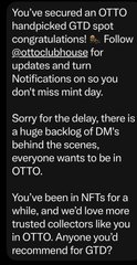 A text post warns about an OTTO airdrop scam, mentioning 'handpicked GTD spot congratulations' and 'faketrustcollectorwallet,' and cautions about NFTs in someone's wallet.