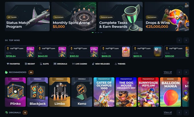 A screenshot of an online casino website featuring tournaments like 'Monthly Spins Arena' and 'Drops & Wins', top wins, and various game thumbnails including Plinko, Blackjack, and Limbo.