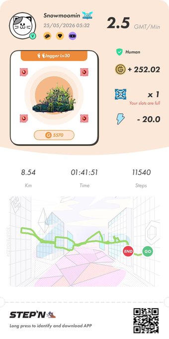 The image shows a screenshot of an app called "StepN", which appears to be a walking or exercise tracking app. The app displays information about the user's walk, including the distance covered, calories burned, steps taken, and even the weather conditions during their walk. The app also provides a map for the user to follow along with their route.