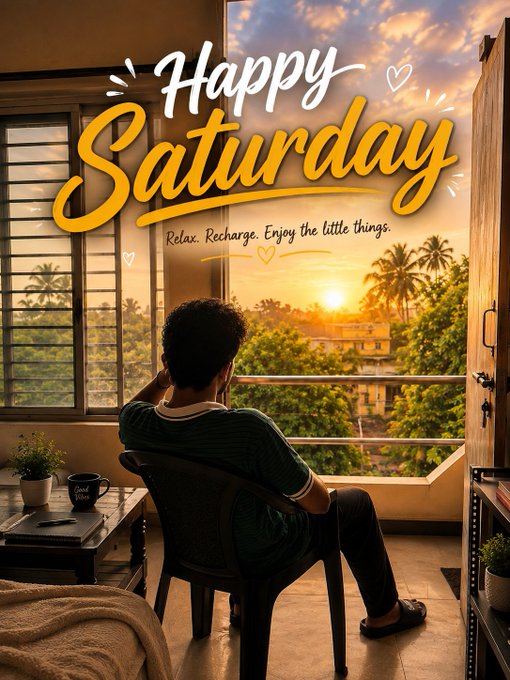 A man sits on a chair looking out a window at a sunset with palm trees, overlaid with the yellow text 'Happy Saturday - Relax. Recharge. Enjoy the little things.'