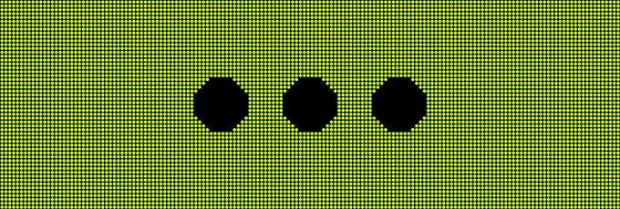 A bright lime-green pixelated background featuring three black octagonal "dot" shapes in the center, directly referencing the "growdots" collection mentioned in the post. The minimal digital art aesthetic visually emphasizes the simple, geometric theme of the NFT mint announcement.