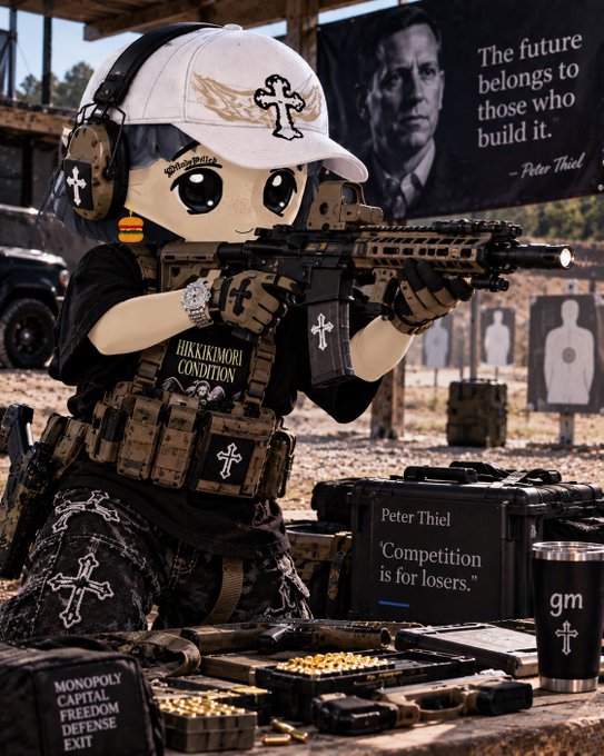 An anime-style character at a shooting range with a rifle, wearing a cap with a cross, surrounded by Peter Thiel quotes including 'The future belongs to those who build it' and 'Competition is for losers.'