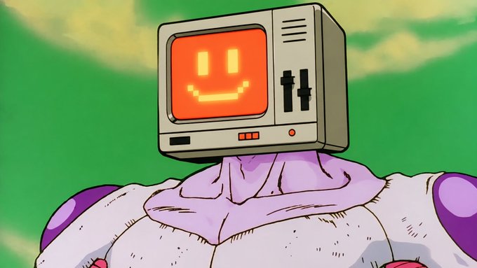 An anime-style illustration of a robotic figure with a CRT television for a head displaying a pixelated smiley face, set against a green sky.