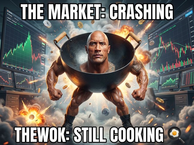 A meme featuring Dwayne 'The Rock' Johnson inside a wok with text reading 'THE MARKET: CRASHING' and 'THEWOK: STILL COOKING' against a backdrop of falling stock charts.