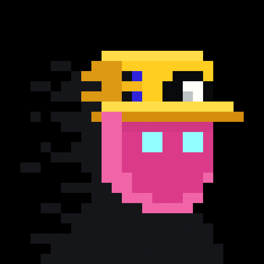 Pixel art of a pink cube-shaped creature wearing a yellow hat with a face on it, also dissolving into pixels on the left side.