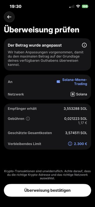 The image shows a cell phone screen displaying a German text message. The message includes English and German descriptions of a trading app, discussing how the app works for trading cryptocurrencies like Bitcoin.