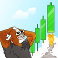 The image shows a person wearing a mask appearing shocked or distressed in front of rising green candlestick chart bars. The meme contrasts the triumphant declaration of "we are going to be filthy rich" with the visual reality of someone reacting in dismay to market activity, humorously suggesting the poster's crypto/stock gains may not be as certain as claimed.
