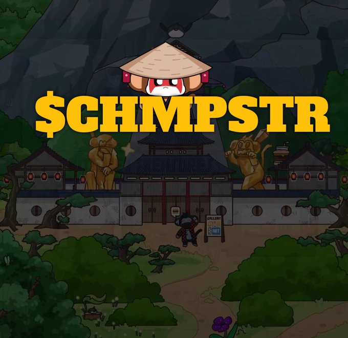 A pixel art game scene featuring an Asian-style building with a mushroom-headed character above the bold yellow text '$CHMMPSTR', with a ninja character approaching an entrance labeled 'GALLERY'.