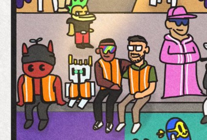 A cartoon illustration showing various characters including figures in orange safety vests, a devil, and people wearing sunglasses, sitting on a bench.