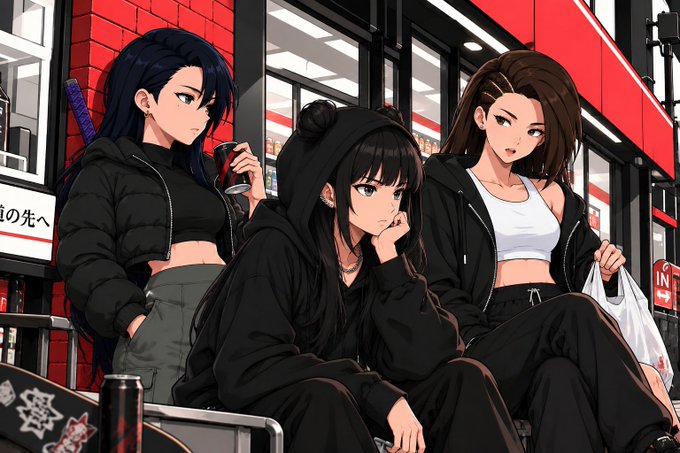 Three anime-style women in dark streetwear lounge outside a red storefront, with the hooded figure in the center holding a phone and her companions holding a drink and a shopping bag. The Japanese text "の先へ" visible on the storefront translates roughly to "toward the next step," echoing the post's theme of NFTs being an entry point into broader creative experiences beyond the initial mint.